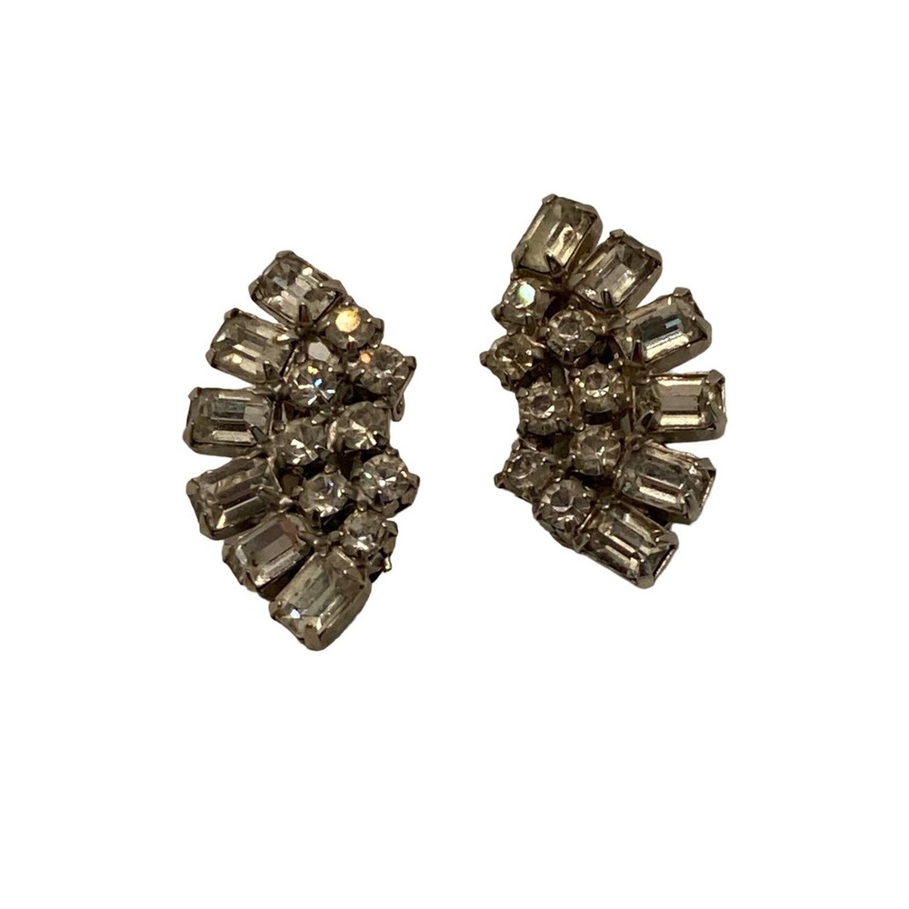 Vintage Silver Tone Rhinestone Clip On Earrings